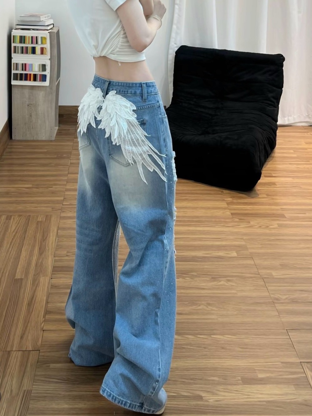 High-Waist Blue Wide-Leg Jeans with White Wing Embroidery